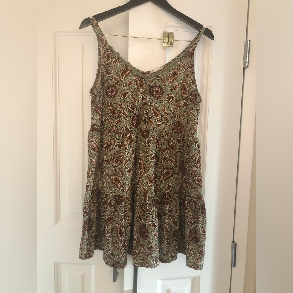 “Mine” Brand Green and Brown Paisley Print Baby Doll Dress Crochet Lining size L